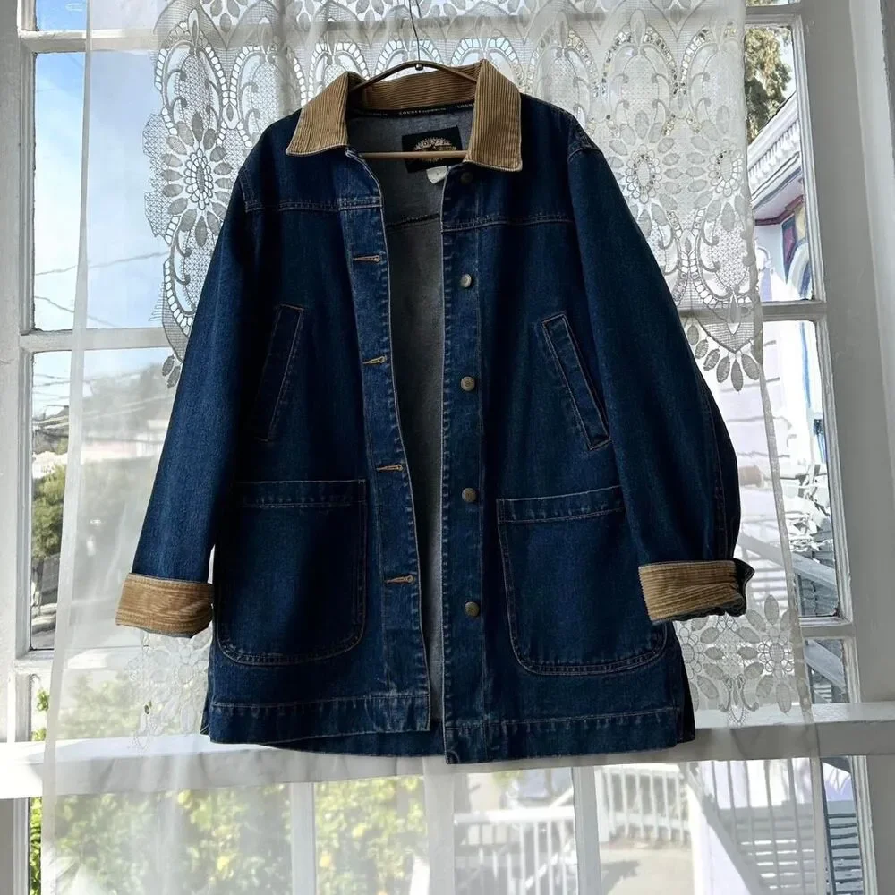 90s Vintage Corduroy Collar Blue Denim Jean Chore Coat Field Jacket Small Mens